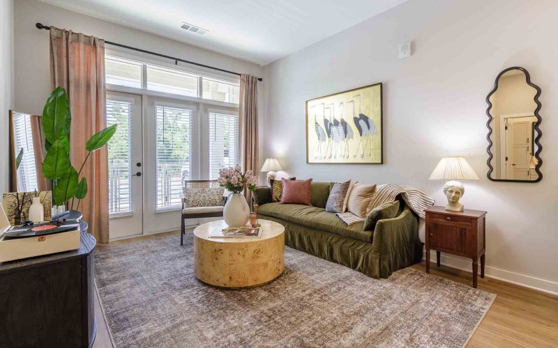 a living room with a couch and a coffee table